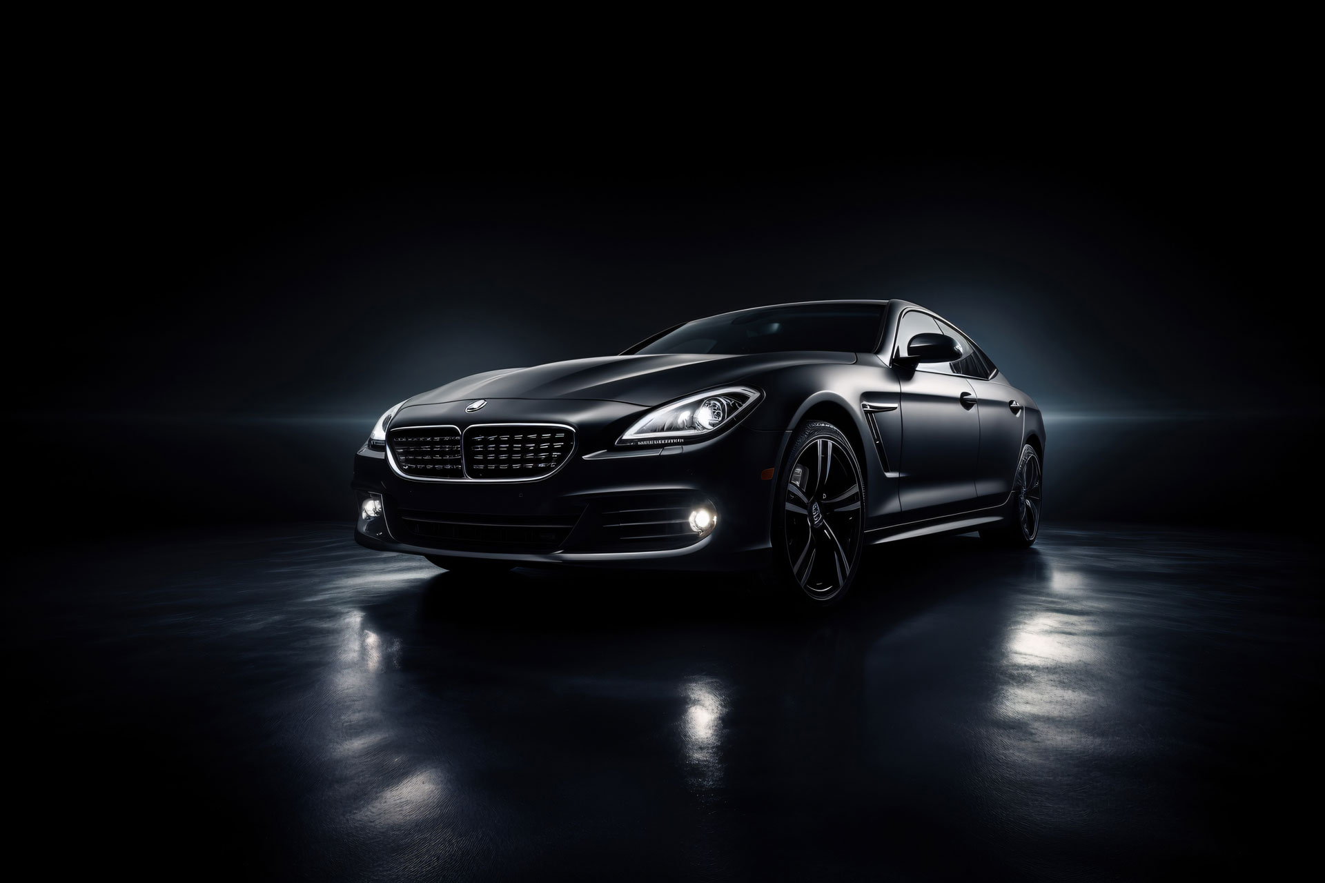 Sleek black luxury car in a dark studio with headlights on